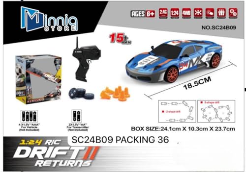 Image of Rc Drift Remote Control Car 1:24 Scale, High-Speed, 4Wd, Lights, Battery Racing Car, Drifting Tires, 2.4Ghz, for Kids (RC Drift II - Blue)