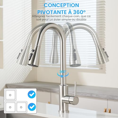 Robinet de cuisine haute pression rotatif 360 avec douchette 4 modes