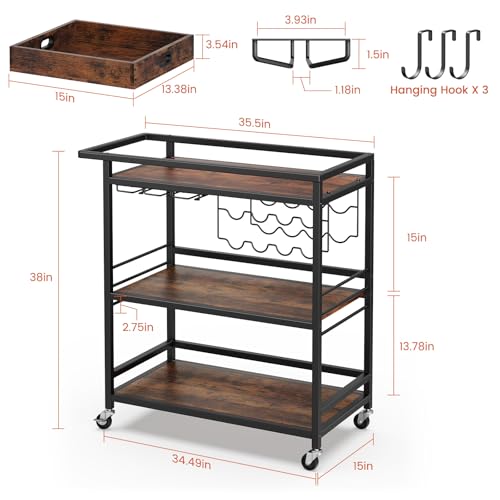 Image of Leteuke Bar Cart for Home, 3 Tier Rolling Serving Carts with Wheels | Drink Cart, Liquor Stand with Removable Tray, Wine Rack and Glass Holder for Kitchen, Outdoor, Dining Room-Black Brown