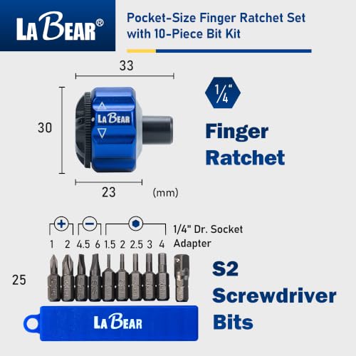 Image of LABEAR Mini Magnetic Finger Ratchet Wrench Set, 1 /4 Inch Drive S2 Bits | Lightweight aluminum body, 26-tooth forward lock reverse, 10-piece bit set included, quick bit pickup, pocket carry