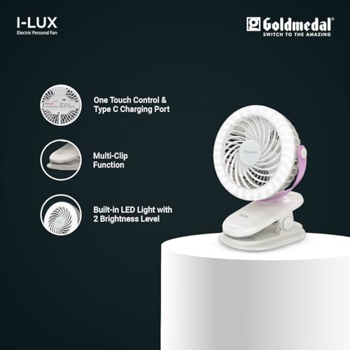Image of Goldmedal I-Lux 100 mm Portable Desk Mounted Clip Fan| Multi-Clip Function| Type-C USB-Powered Rechargeable Battery with 6-7 Hours Backup| Bright Light | Personal Fan for Home & Office (White-Pink)