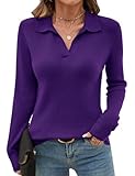 Romanstii Knitted Collared Sweaters for Women Fashion Long Sleeve V Neck Polo Shirts Winter Pullover Tops,Purple,XL