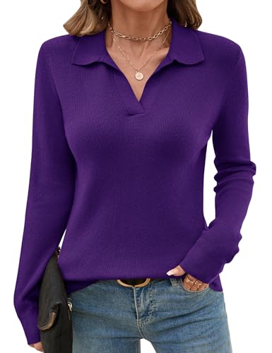 Romanstii Knitted Collared Sweaters for Women Fashion Long Sleeve V Neck Polo Shirts Winter Pullover Tops,Purple,XL