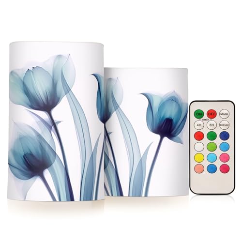 Image of Flickering Flameless Candles, Blue Tulip Flower LED Candles with Remote Timer, Set of 2 Battery Operated Candle for Valentine Wedding Birthday