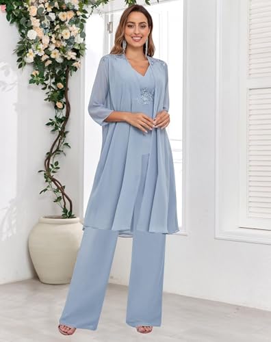 3 Pieces Mother of The Bride Pant Suits for Women Dressy with Long Jacket Chiffon Lace Sparkly Wedding Formal Outfit2