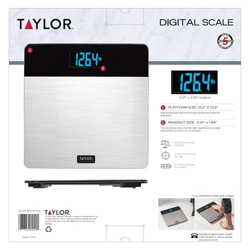 Taylor Digital Brushed Stainless Steel Scale, Bathroom Scale for Body Weight, Digital Bathroom Weighing Machine, Battery Powered, Measures Weight up to 400 lb, Black by Taylor - Image 5