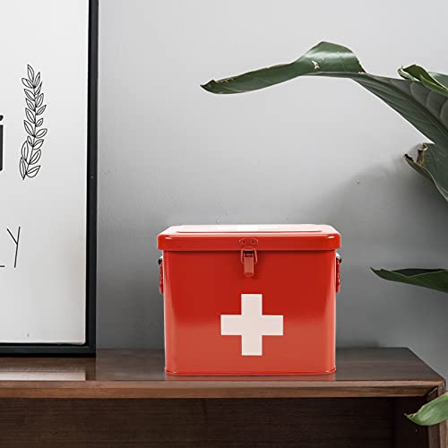 Xbopetda First Aid Kit, First Aid Medicine Supplies Bin - 2-Tier Metal Medicine Storage Tin, Samll First Aid Box with Removable Tray for Home & Workplace Emergency Tool Set - Red