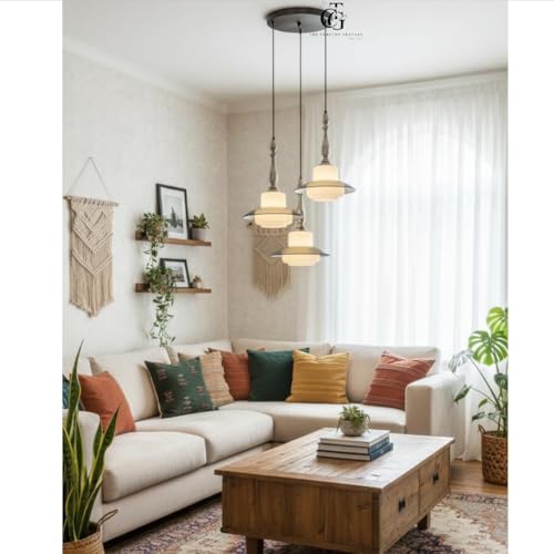 Image of Luxury 3-Head UFO Dome Pendant Light|Smoke Glass & Frosted Cube Inner Shade|Modern Hanging Light for Living Room, Dining Table & Kitchen Island