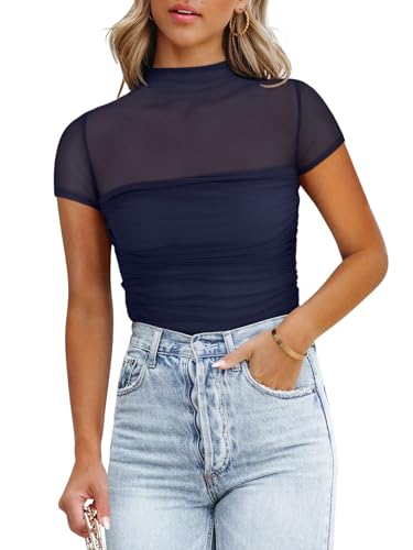 Image of REORIA Women's Sexy Mock Turtle Neck Short Sleeve Shirts Sheer Mesh Ruched Trendy Going Out Bodysuits Tops