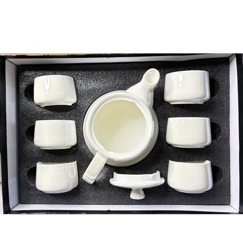 Image of DMRD MART-Porcelain Tea Set with Kettle |Tea Cup Set 7Pc | Aesthetic and Classic Cups Set | Premium Crockery for Home & Gifting with Golden Color Geometric Pattern Design. (Pearl White)