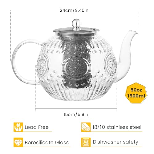 Image of Amzcku 50OZ /1500ml Vintage Glass Teapot with Removable Infuser - Stovetop Safe, Borosilicate Glass Tea Kettle for Blooming & Loose Leaf Tea