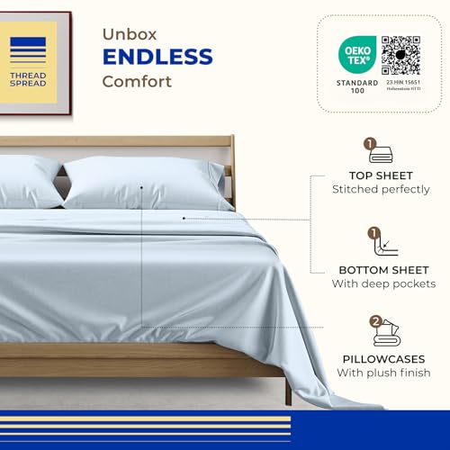Image of THREAD SPREAD Full Size Bed Sheets, Luxury 1000 Series Paradise Collection 100% Egyptian Cotton Sheets Full Size Set (4 PC, Light Blue), Silky Soft, Cooling, Sateen, 16 inch Deep Pocket Hotel Sheet Set