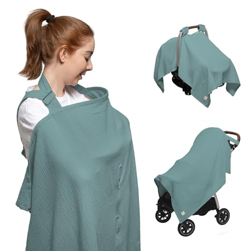 Image of Nilsa 5-in-1 Muslin Nursing Cover up for Breastfeeding & Baby Car Seat Cover - Breathable Breastfeeding Cover With Rigid Hoop - 100% Cotton Privacy Apron Breast Feeding Covers For Women (Mint green)