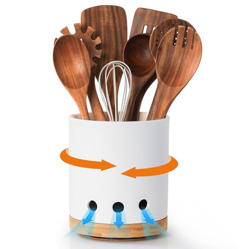 Image of LoeJan 360 Rotating Ceramic Utensil Holder for Kitchen Countertop - Cooking Utensil Crock Organizer with Non-Slip Cork Base for Farmhouse Kitchen Decor, Textured White