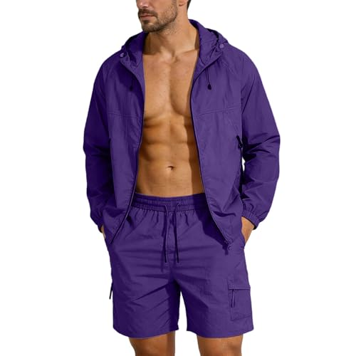 Men's Hooded Shirt Shorts Set 2 Piece Sun Protection Outfit Lightweight Travel Suit UPF 50+ Summer Tracksuit Purple