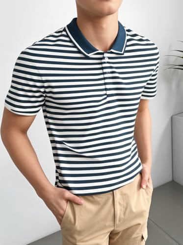 Image of Mack Jonney Men's Striped Cotton Rich Collar Neck T Shirt | Collar Tshirts | Half Sleeves | Striped-Regular Fit-MM485-nw