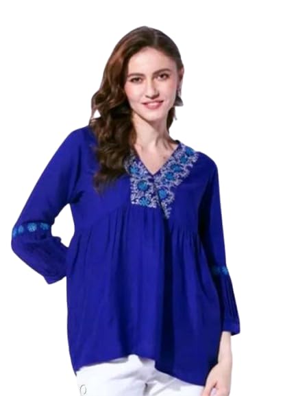 Women's Art Silk Blue V Neck Kurti-picture-13