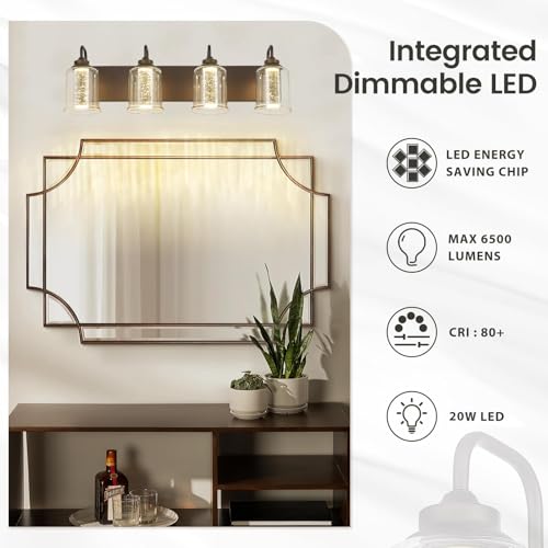 Image of zeyu 20W LED Vanity Light Bathroom, 4-Light Farmhouse Vanity Lighting Over Mirror with Crystal Bubble and Clear Glass, 5CCT Adjustable, Oil Rubbed Bronze Finish, ZSL72B-4W LED ORB-1