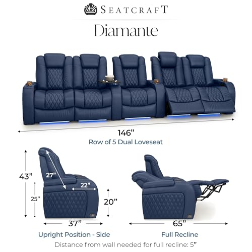 Image of Seatcraft Diamante Navy Blue Italian Leather Home Theater Seating, Zero Gravity Power Recliner, Gaming and Home Office Chair, Powered Headrest Furniture for Cinema Room, Row of 5 Dual Loveseats