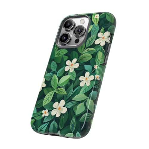 Coque iPhone 14 Pro fleurs blanches et feuilles vertes pour votre look d'été