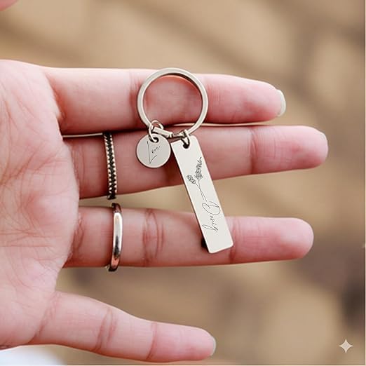 Image of Personalized Stainless‑Steel Birth Flower & Name Keychain - Double‑Sided Engraving