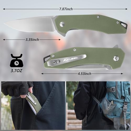 FLISSA Pocket Knife, Folding Tactical Knife with G10 Handle, D2 Blade, Liner Lock, Pocket Clip, EDC Knife for Hiking, Camping, Survival, Indoor and Outdoor Activities(Green)