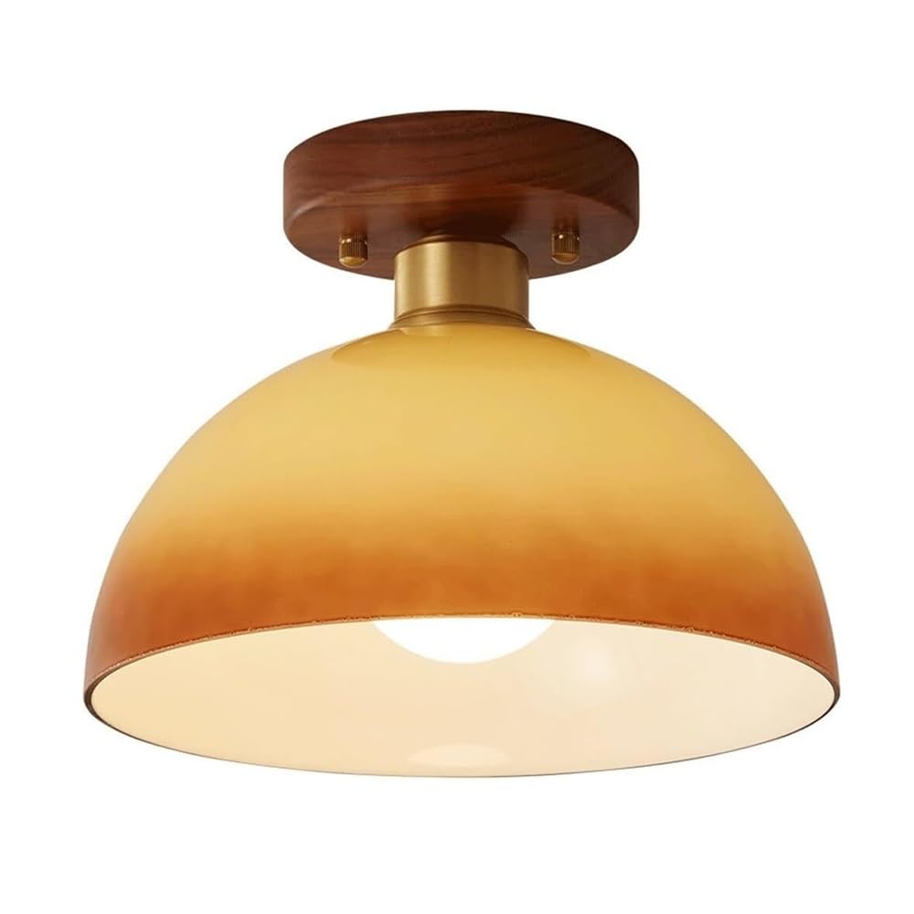 ITOSUI Retro Ceiling Light, Flush Mount Ceiling Lamp, Walnut Wood & Copper Fixture, LED Tri-Color Light, Glass Dome Shade, Mid-Century Style for Hallway, Bedroom, Entryway, Balcony, Corridor