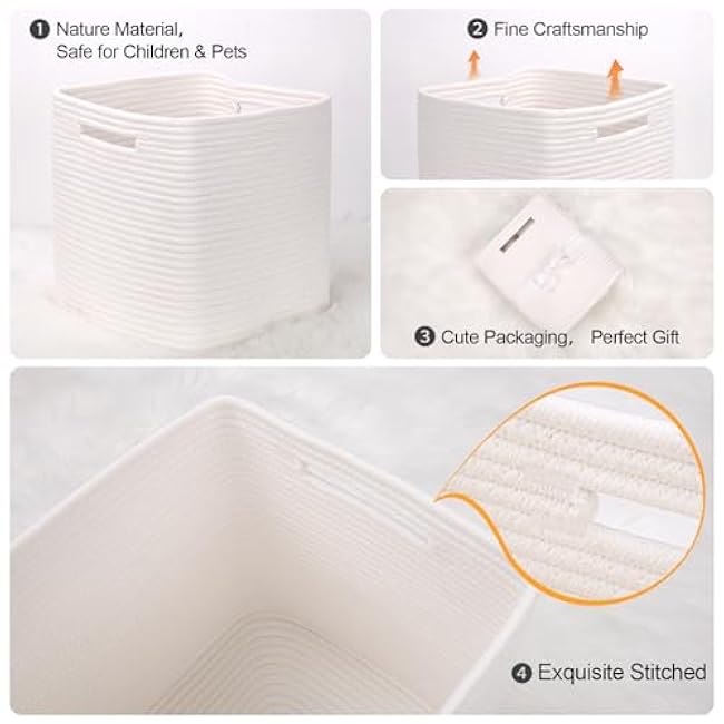 Woven Rope Storage Cube Basket 11 Inch, Square Cube Storage Bin, Decorative Organizer for Kallax, Kids Toy, Closet, Baby Nursery, Decor - Cream White, 3 Pack