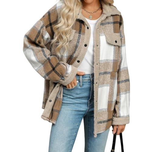Womens Flannel Plaid Shirt Fuzzy Fleece Side Lined Jacket Oversized Long Sleeve Shackets Fall Winter Clothes3