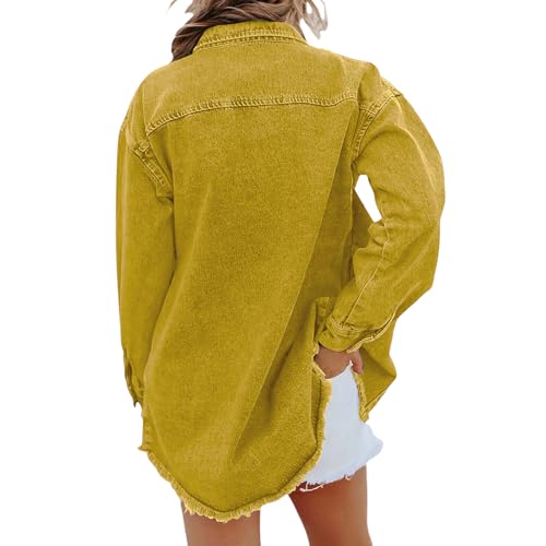Denim Jacket for Women Oversized Button Down Frayed Hem Shacket lightweight Wash Lapel Long Sleeve Jean Jackets Coat3