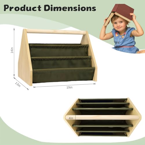 Epelay 19" Kids Bookshelf, 6-Tier Double-Sided Book Shelf for Kids Rooms, Montessori Bookcase for Toddlers with 5 Deep Fabric Pockets, Natural Wood/Green Toy Storage Organizer for Nursery or Playroom