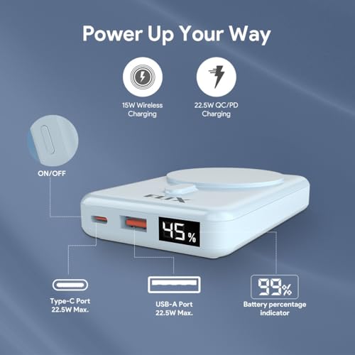 Image of FLiX MagConnect Elite 10,000mAh 15W Magnetic Wireless Output,22.5W QC Pocket Power Delivery PPS,Type C & Type A Input /Output,Rapid Charge,LED Display,Perfect for iPhone 12,13,14(Blue)