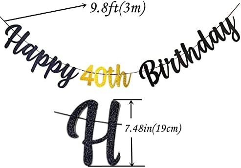 40th Birthday Banner Happy 40th Birthday Bunting Black and Gold Glitter Large Hanging Letter Banner for 40 years old Birthday Anniversary Party Decorations Photo Backdrop