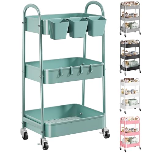 Image of 3 Tier Green Metal Rolling Cart with Lockable Wheels and Handle, 3 Tiered Utility Storage Organizer Carts for Teachers, Arts, Craft, Snack, Book, Bedside, Nursery, Cleaning Supplies, Easy Assembly