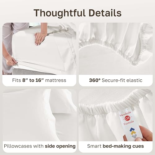 Image of California Design Den Queen Size Sheet Set - Luxuriously Soft 600 Thread Count Sateen, 100% Cotton Sheets, Deep Pocket Bedding Set with All Around Elastic for a Snug Fit - True Ivory