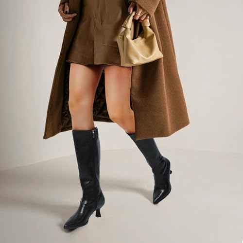 GENSHUO Knee High Boots Women Pointed Toe 2.3 Inches Kitten Heel Tall Boots Classic Fashionable Long Boots with Side Zipper Winter4