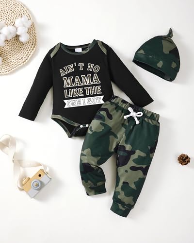 NZRVAWS 12-18 Months Toddler Baby Boy Clothes Infant Long Sleeve Baby Boy Romper Jumpsuit Light Black Camouflage Pants Hat 3PC Outfits Set Fall Winter