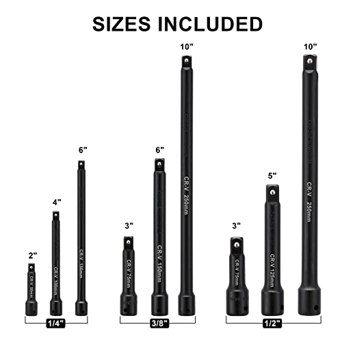 Image of Mayouko 1 /4 inch,3 /8 inch,1 /2 inch Drive Extension Bar Set, CR-V, 9 Pieces Socket Extension Bars for Narrow and Deep Areas
