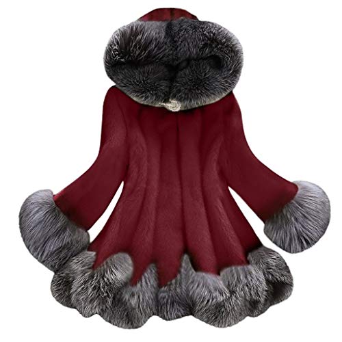 Whear Women Hooed Coat Faux Fur Overcoat Fluffy Fuzzy Casual Warm Long Sleeve Parka Sweaters Vintage Shaggy Jacket Outwear (Wine Red, L)