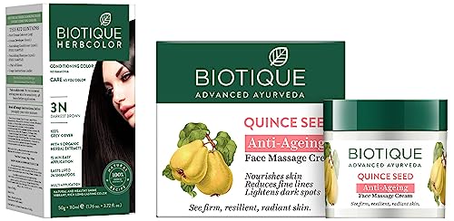 Biotique Bio Herbcolor Conditioning Hair Color, 50g + 110ml – Darkest Brown 3N (Pack of 1) & Biotique Bio Quince Seed Nourishing Face Massage Cream For Normal To Dry Skin, 50G