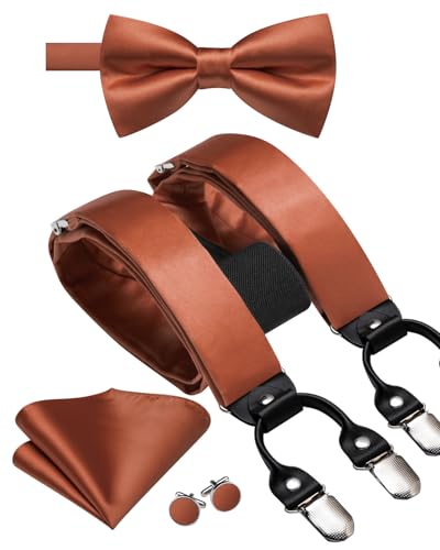 Image of Hi-Tie Men Suspender Bowtie Set Suspenders Pre-tied Bow Tie Pocket Square Cufflinks Adjustable Y Shape 6 Clips Braces Tuxedo