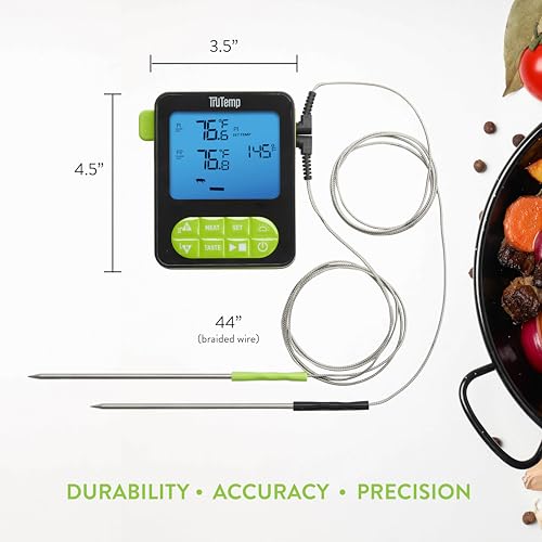 Image of Taylor TruTemp Dual Probe Wired Programmable Meat and Food Thermometer, Digital for Cooking, Monitor Two Dishes with Two Probes for Baking, Grilling, and Roasting, User-Friendly, Backlit, Green