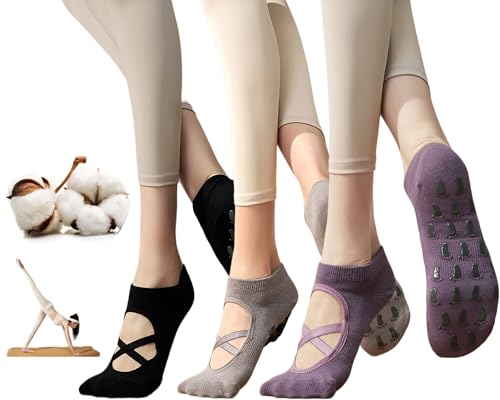 CHUNFO Grip Womens Pilates Socks Straps Yoga Ankle Anti-slip Cotton Barre Sock Size5-9.5
