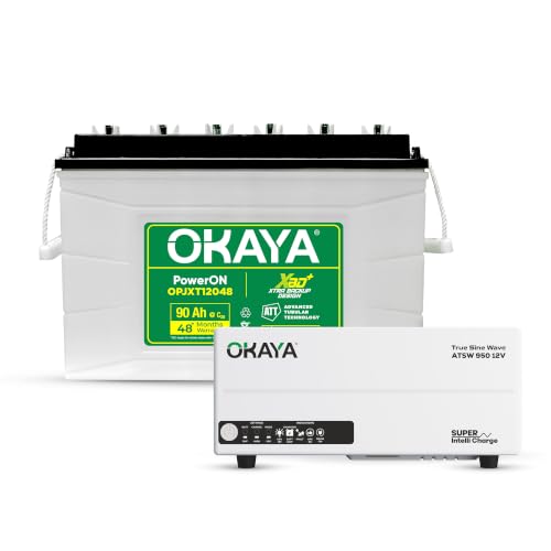 Image of Okaya Inverter with Battery Combo for Home,Office & Shops | ATSW 950 12V Pure Sine Wave Inverter 700VA with 36 Months Warranty & OPJXT12048 90AH XBD+ Certified JXT Battery with 48 Months Warranty