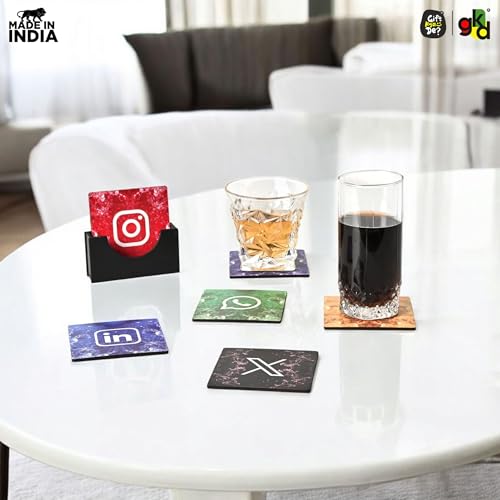 Gift Kya De Coaster Set Of 6 Premium Wooden Coasters With Proper Coaster Stand Designer Coaster Set Fit For Tea Cups, Coffee Mugs, And Glasses (Square 3.8 X 3.8 Inch) (Social Media)