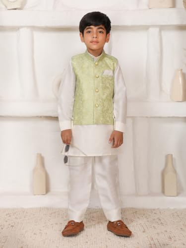 Image of Pro-Ethic Style Developer Kids Kurta Set For Boys With Waist Coat, Ethnic Wear for Diwali, Eid, Raksha Bandhan, Jacquard, Floral Print (Pack of 1)
