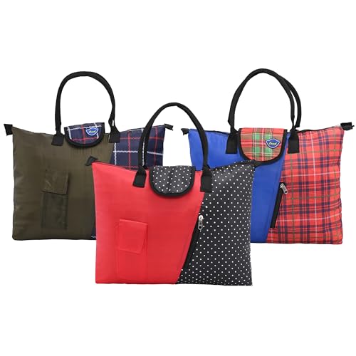 Urbane Home Pack of 3 Foldable Shopping Bags For Women with 3 Small Pockets | Thick Grocery/Vegetable Bags For Market | Dot Print -Blue & Maroon Deal