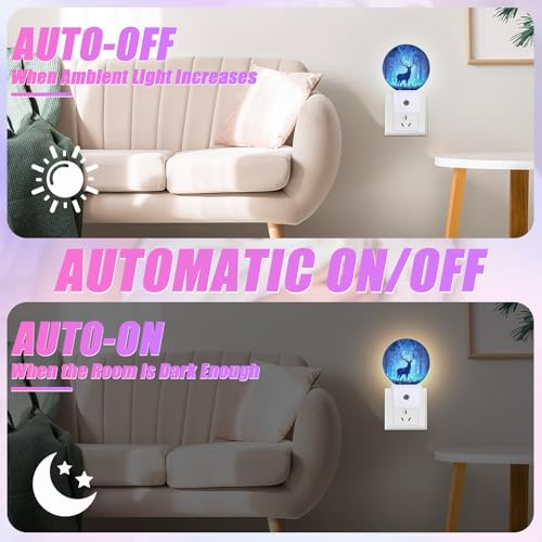 Image of Deer Pine Tree Night Light Foggy Forest Night Lights LED Lamp Round Plug into Wall Nightlight with Dusk to Dawn Sensor Home Hallway Stairway Kitchen Decor
