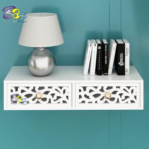 Image of Engineered Wood Floating Shelves With Drawer, Wall Shelves Multi Use As Cabinet Or Nightstands For Desk Or Wall Storage (Full White)