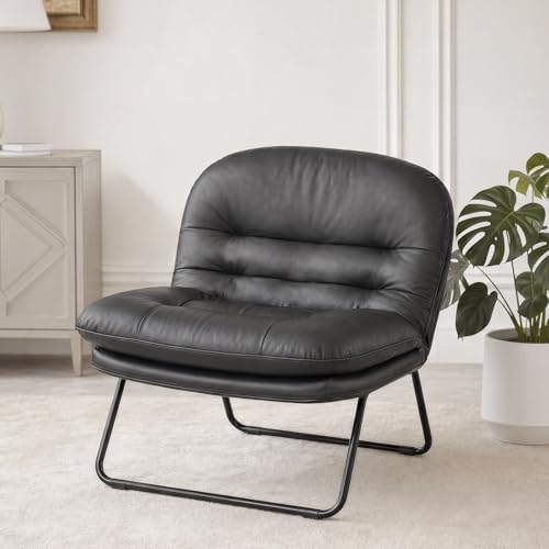 DUMOS Comfy Saucer Chair PU Leather Foldable Chairs for Bedroom Living Room Dorm & Gaming Small Foldable Fashion Floor Chair with Back Support for Small Spaces Adults Inky